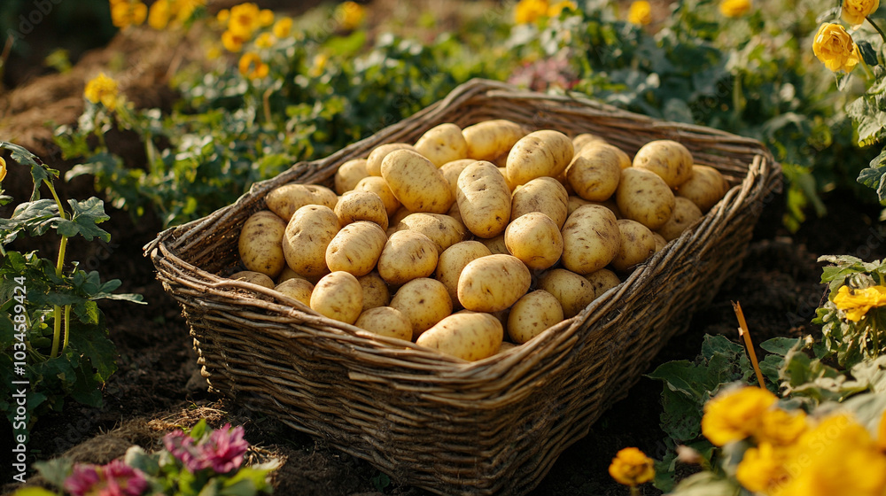organic potatoes basking in warm natural sunlight. Symbolizing growth, sustainability, and the cycle of nature, it conveys the purity and simplicity of farm-to-table produce organic potatoes basking in warm natural sunlight. Symbolizing growth, sustainability, and the cycle of nature, it conveys the purity and simplicity of farm-to-table produce