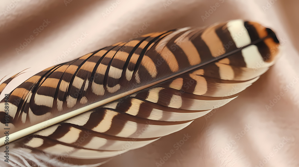 Close-up of a beautifully patterned feather with rich browns and whites, resting on a soft, neutral background. Close-up of a beautifully patterned feather with rich browns and whites, resting on a soft, neutral background.