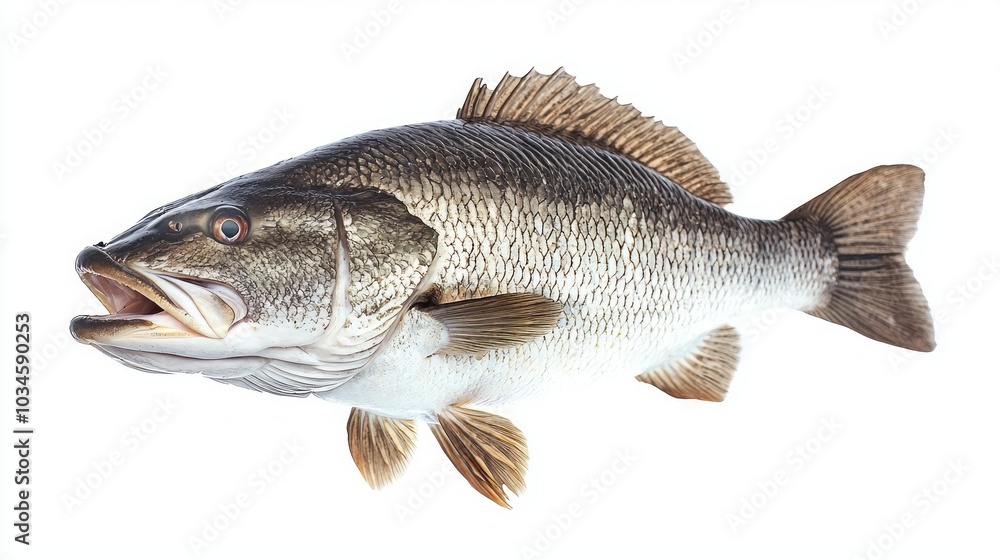 barramundi specimen identified as Lates calcarifer showcases its unique characteristics in a neutral setting perfect for educational reference and fishery studies. barramundi specimen identified as Lates calcarifer showcases its unique characteristics in a neutral setting perfect for educational reference and fishery studies.