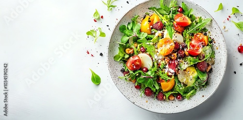 Fresh salad with tomatoes, peaches, greens and cranberries on a white plate with copy space.