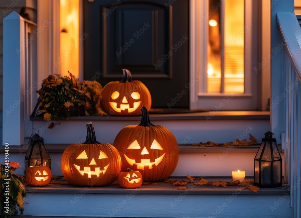 Fototapeta premium Entrance area of a decorated house at Halloween. Scary Jack O Lantern. Carved, glowing pumpkins at Halloween. Trick or treat concept.