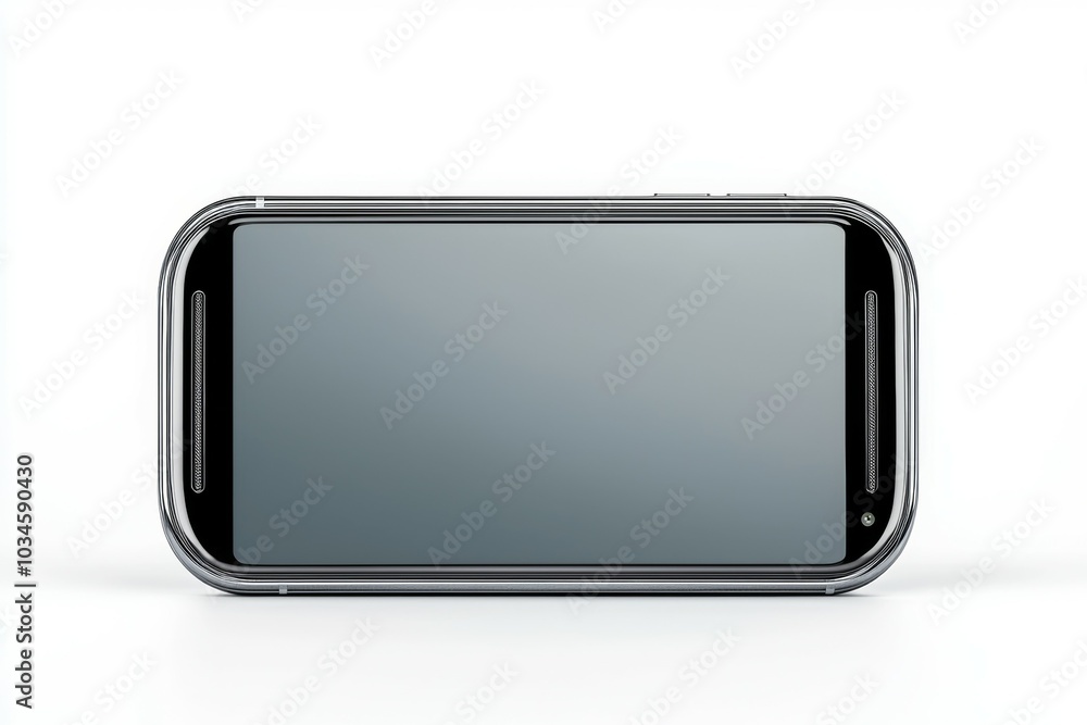 A cell phone with a black screen sits on a white background A cell phone with a black screen sits on a white background