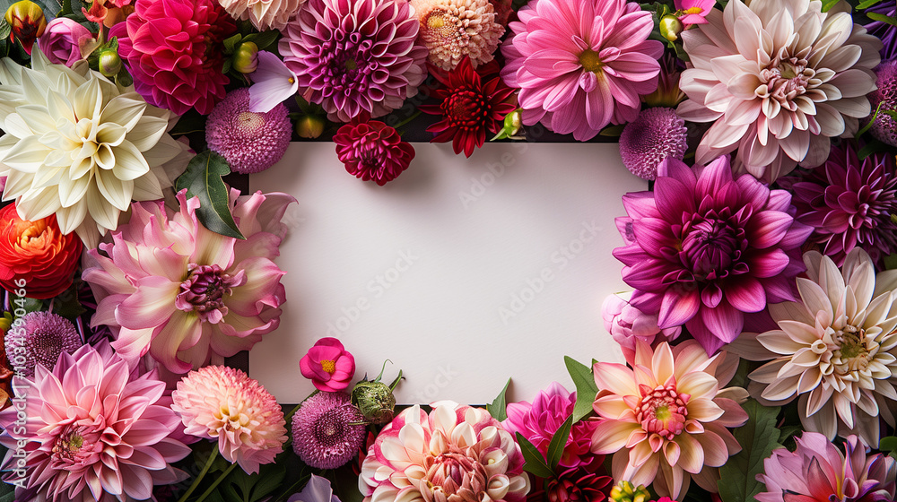 Colorful Dahlia Flower Frame with White Space. A vibrant frame of colorful dahlia flowers surrounding a blank white space, perfect for adding text or designs. Ideal for use in floral-themed projects, Colorful Dahlia Flower Frame with White Space. A vibrant frame of colorful dahlia flowers surrounding a blank white space, perfect for adding text or designs. Ideal for use in floral-themed projects,