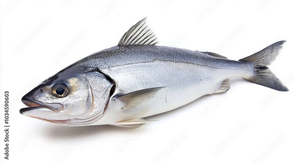 Bluefish Pomatomus saltatrix is presented isolated on a white background showcasing its shiny streamlined body and sharp teeth ideal for identifying this species in marine studies. Bluefish Pomatomus saltatrix is presented isolated on a white background showcasing its shiny streamlined body and sharp teeth ideal for identifying this species in marine studies.