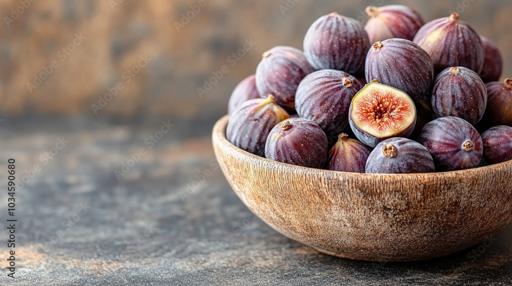 Fresh, ripe figs arranged on a wooden surface with an empty space for text, highlighting their natural beauty. A symbol of abundance, fertility, and Mediterranean culture, ideal for food-related conte