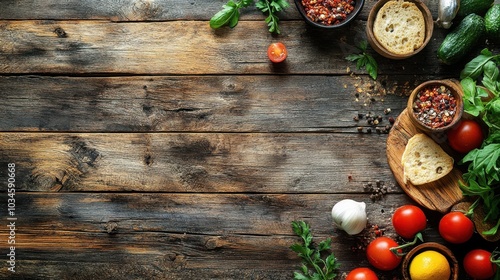 Rustic wooden table top with scattered spices, herbs, and vegetables, providing a blank space for your food photography.