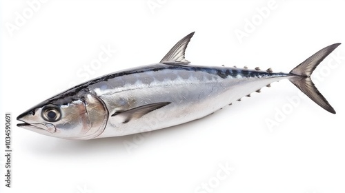 Bonito fish known scientifically as Sarda sarda is presented against a clean white backdrop highlighting its streamlined shape and natural colors.