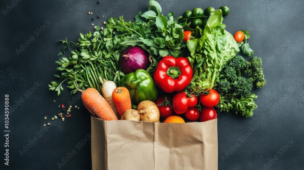 A paper bag overflowing with fresh produce, including carrots, peppers, tomatoes, and leafy greens, on a dark background. A paper bag overflowing with fresh produce, including carrots, peppers, tomatoes, and leafy greens, on a dark background.