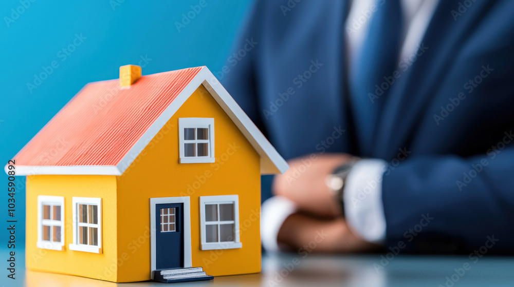 small yellow house model symbolizes real estate market, representing investment opportunities and future aspirations. professional background adds sense of trust and reliability.