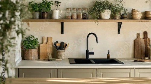 Modern Minimalist Kitchen Design with Black Faucet and Wooden Shelves