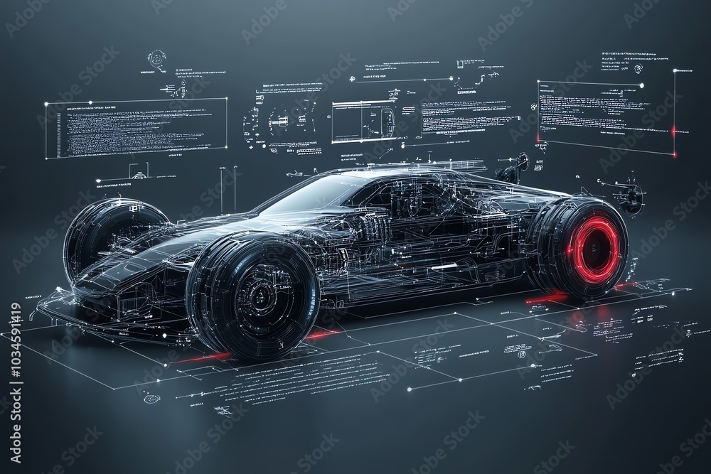 A wireframe rendering of a futuristic sports car with technical diagrams and data around it. A wireframe rendering of a futuristic sports car with technical diagrams and data around it.