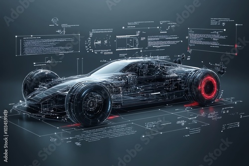 A wireframe rendering of a futuristic sports car with technical diagrams and data around it.