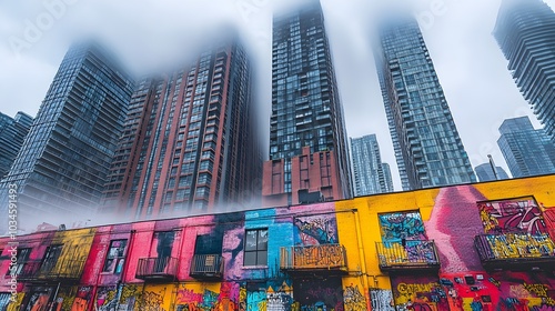 Urban skyscrapers with bold graffiti covering their lower levels, merging into the clouds at the top, a vibrant mix of street art and architectural majesty