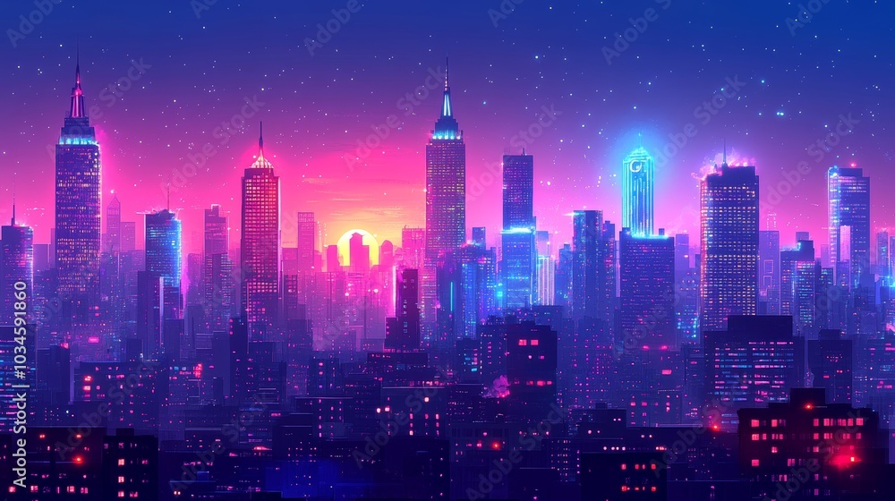 Fototapeta premium A retro city skyline at night, skyscrapers aglow with warm city lights, streets below buzzing with neon graffiti illuminating the walls in vivid hues