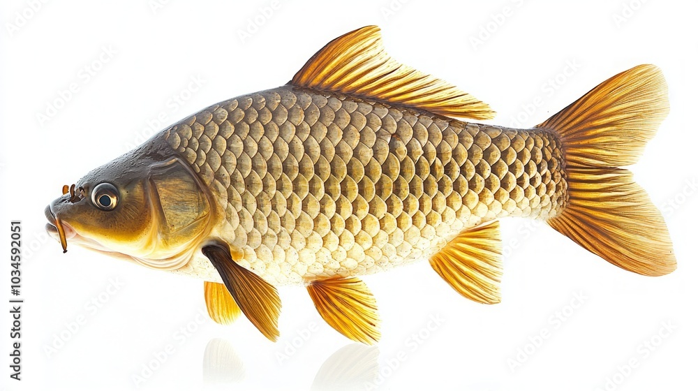 common carp is presented against a white backdrop highlighting its unique features such as the vivid scales coloration and distinctive fin structure emphasizing its aquatic beauty. common carp is presented against a white backdrop highlighting its unique features such as the vivid scales coloration and distinctive fin structure emphasizing its aquatic beauty.