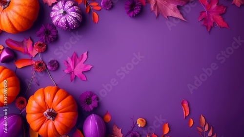 Autumn decoration on purple background. Empty space in the middle. Seasonal flowers and pumpkins.