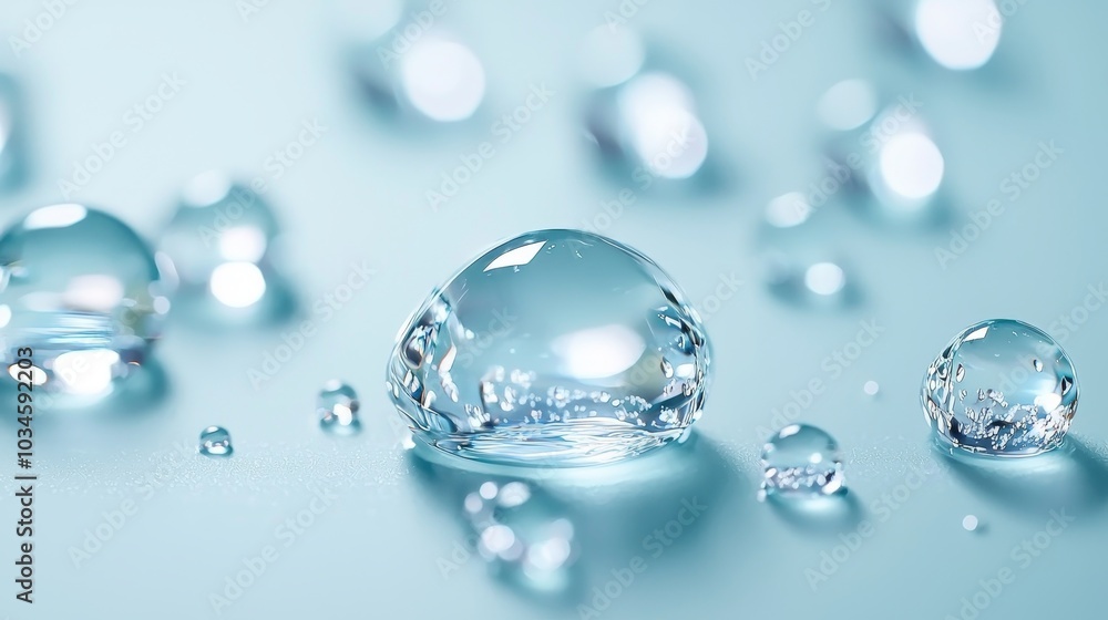 Crystal-clear water drops scattered on a soft light blue background, captured in macro detail, creating a serene and refreshing atmosphere Crystal-clear water drops scattered on a soft light blue background, captured in macro detail, creating a serene and refreshing atmosphere