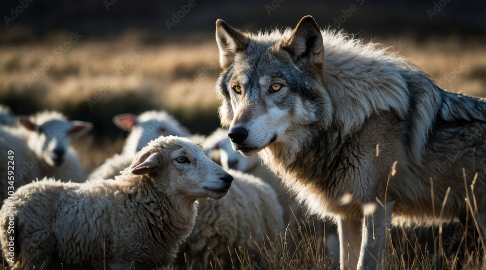 Fototapeta premium A striking contrast between a lone wolf and a flock of sheep
