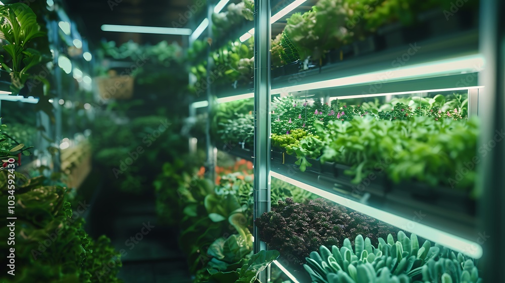 Stunning vertical farm scene illuminated by LED grow lights where a diverse range of vegetables flourish in meticulously arranged stacked layers promoting eco-friendly farming practices