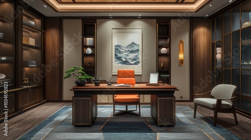 Wallpaper Mural Modern Luxury Office Interior Design with Wooden Desk and Wall Art Torontodigital.ca