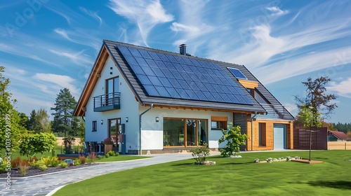 A modern house featuring solar panels, surrounded by a well-maintained garden and blue sky.