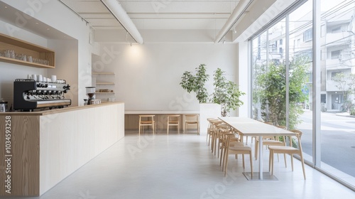 Minimalist Coffee Shop Interior Design with Wooden Furniture and Large Windows