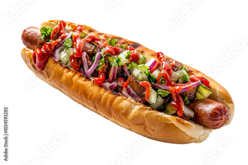 Hot dog in advertising style. Fast food concept. Isolated background, PNG template for the project photo