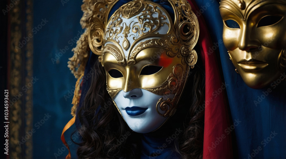A surreal and artistic photograph featuring a person with long, curly hair, partially obscured by a collection of theatrical masks A surreal and artistic photograph featuring a person with long, curly hair, partially obscured by a collection of theatrical masks
