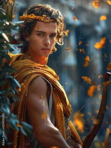 Apollo ancient greek and roman mythology: god of light and prophecy, also known as Phebus, revered patron of the arts and muses, healer and guide for migrants, y from mount Olympus. photo