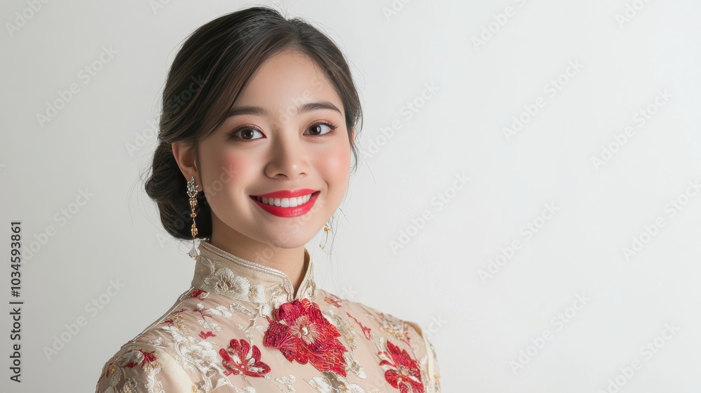 A beautiful young woman poses in traditional Asian dress, symbolizing cultural pride and fashion. The vibrant details and craftsmanship of the attire emphasize Asia rich heritage. A beautiful young woman poses in traditional Asian dress, symbolizing cultural pride and fashion. The vibrant details and craftsmanship of the attire emphasize Asia rich heritage.