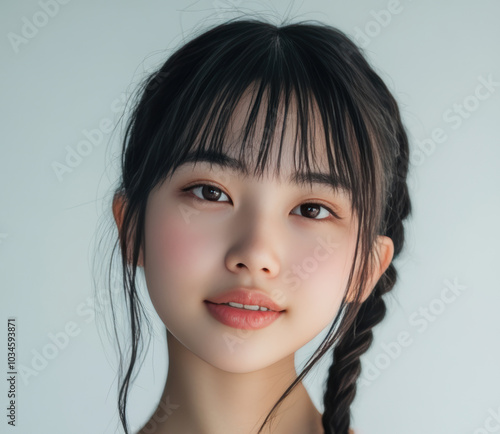 Portraits of Asian women in simple casual attire, standing against plain white background, wear minimal makeup display natural expressions, emphasizing modern, everyday style. photo