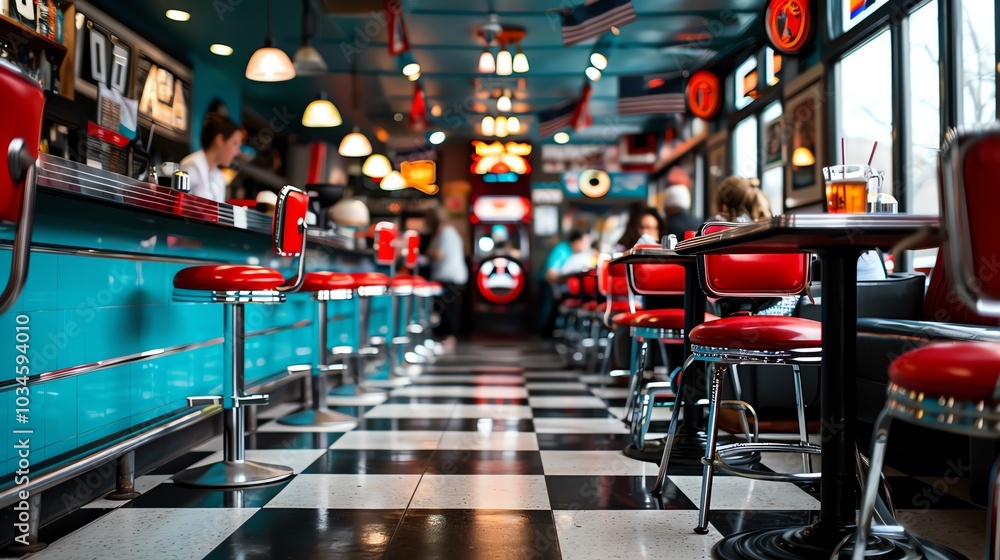 Obraz premium Retro diner scene with checkered floors, chrome accents, and classic jukebox tunes playing, waitresses serving burgers and shakes