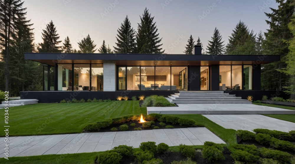 Obraz premium A Modern architectural style, two-story house with a flat roof and large glass windows