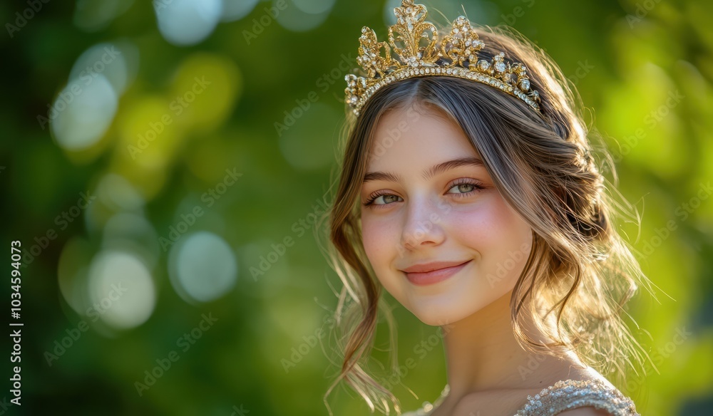 A young woman, crowned with a delicate tiara, enjoys a peaceful moment in a verdant garden. The gentle sunlight highlights her features, adding a touch of elegance and tranquility to the scene. A young woman, crowned with a delicate tiara, enjoys a peaceful moment in a verdant garden. The gentle sunlight highlights her features, adding a touch of elegance and tranquility to the scene.