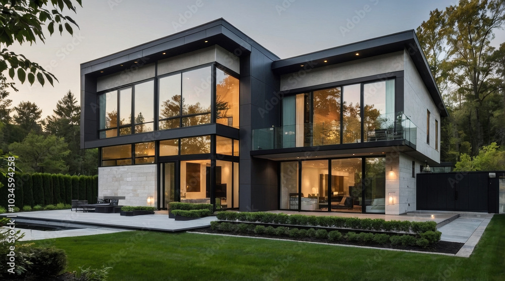 A Modern architectural style, two-story house with a flat roof and large glass windows A Modern architectural style, two-story house with a flat roof and large glass windows
