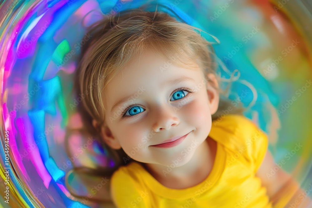 Young kid on a vibrant background, the face illuminated by colorful light reflections. Rainbow-like colors create dreamlike, surreal atmosphere, perfect for creative artistic projects. Young kid on a vibrant background, the face illuminated by colorful light reflections. Rainbow-like colors create dreamlike, surreal atmosphere, perfect for creative artistic projects.