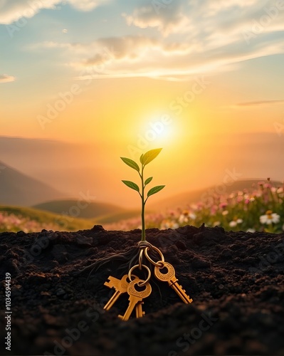 there is a small plant with two keys in the dirt.