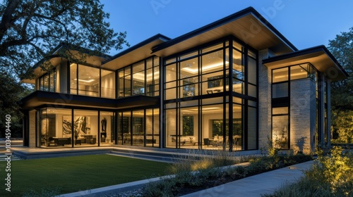 Modern Glass House with Stone Facade and Night Lighting