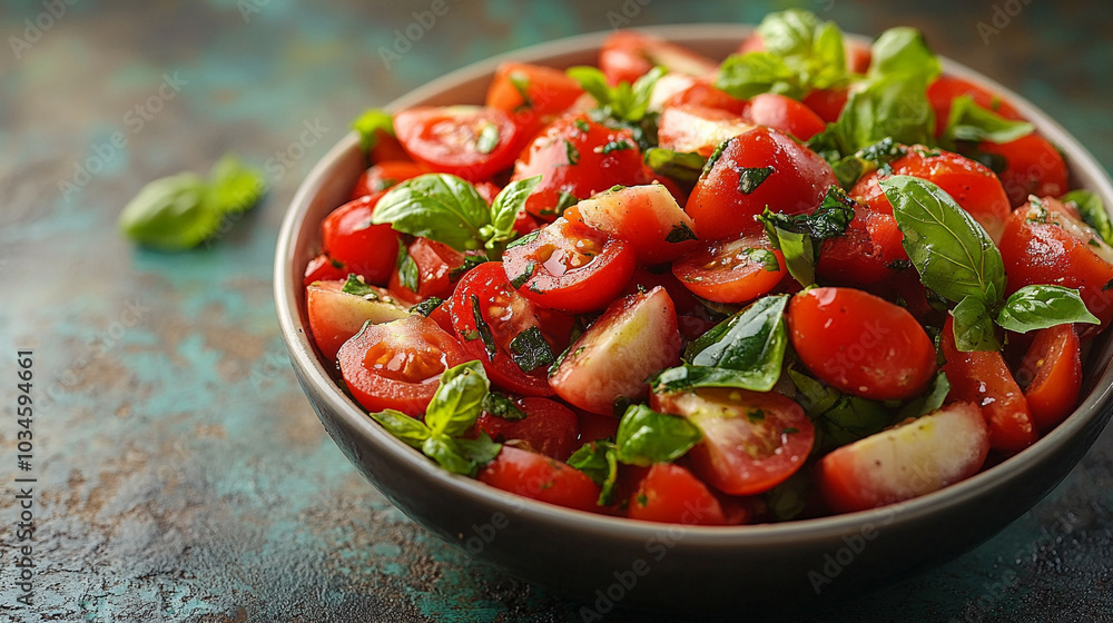 Fresh Caprese salad with vibrant red tomatoes, creamy mozzarella, and lush green basil on a white plate, leaving a blank space on the side for text or design elements Fresh Caprese salad with vibrant red tomatoes, creamy mozzarella, and lush green basil on a white plate, leaving a blank space on the side for text or design elements