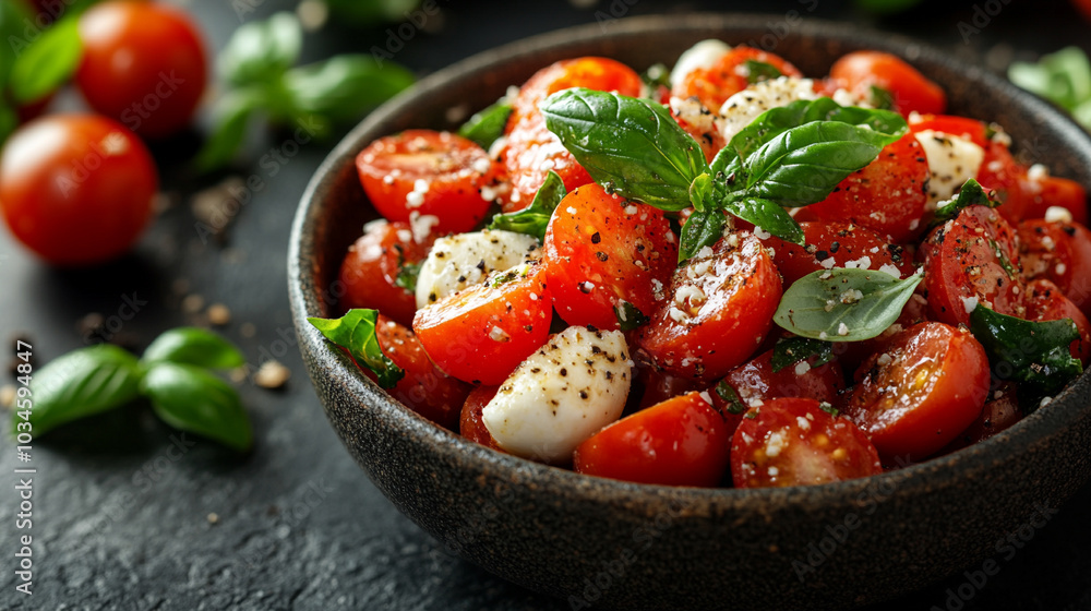 Fresh Caprese salad with vibrant red tomatoes, creamy mozzarella, and lush green basil on a white plate, leaving a blank space on the side for text or design elements Fresh Caprese salad with vibrant red tomatoes, creamy mozzarella, and lush green basil on a white plate, leaving a blank space on the side for text or design elements