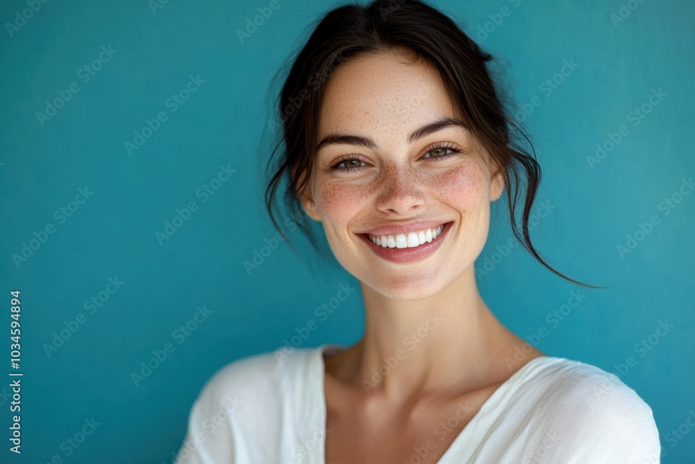 A Cute Caucasian woman with a radiant smile and white shirt stands confidently against a turquoise background, her charm and beauty shining through. A Cute Caucasian woman with a radiant smile and white shirt stands confidently against a turquoise background, her charm and beauty shining through.