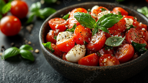 Fresh Caprese salad with vibrant red tomatoes, creamy mozzarella, and lush green basil on a white plate, leaving a blank space on the side for text or design elements