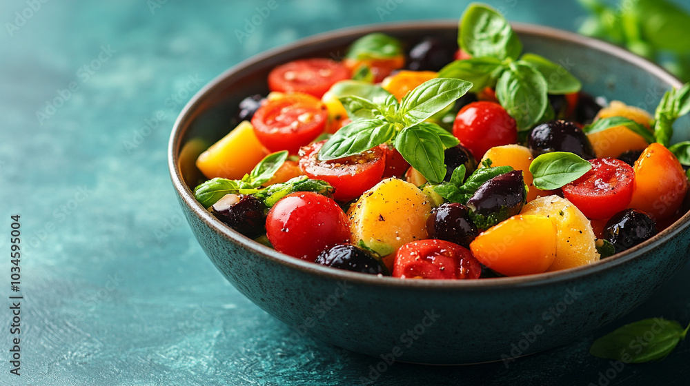 Fresh Caprese salad with vibrant red tomatoes, creamy mozzarella, and lush green basil on a white plate, leaving a blank space on the side for text or design elements Fresh Caprese salad with vibrant red tomatoes, creamy mozzarella, and lush green basil on a white plate, leaving a blank space on the side for text or design elements