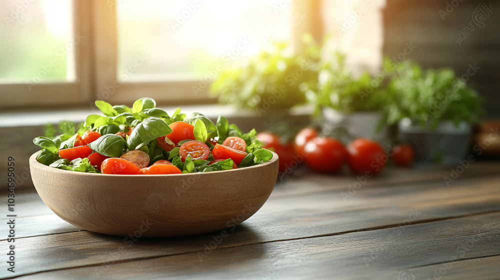 Fresh Caprese salad with vibrant red tomatoes, creamy mozzarella, and lush green basil on a white plate, leaving a blank space on the side for text or design elements Fresh Caprese salad with vibrant red tomatoes, creamy mozzarella, and lush green basil on a white plate, leaving a blank space on the side for text or design elements