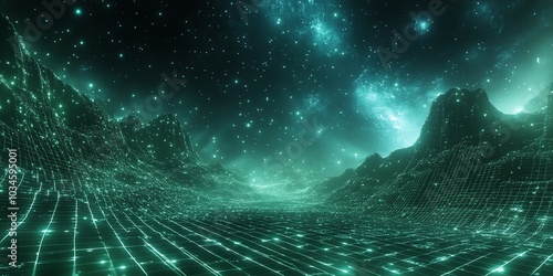 A futuristic, digital landscape with glowing green lines and mountains under a starry sky.