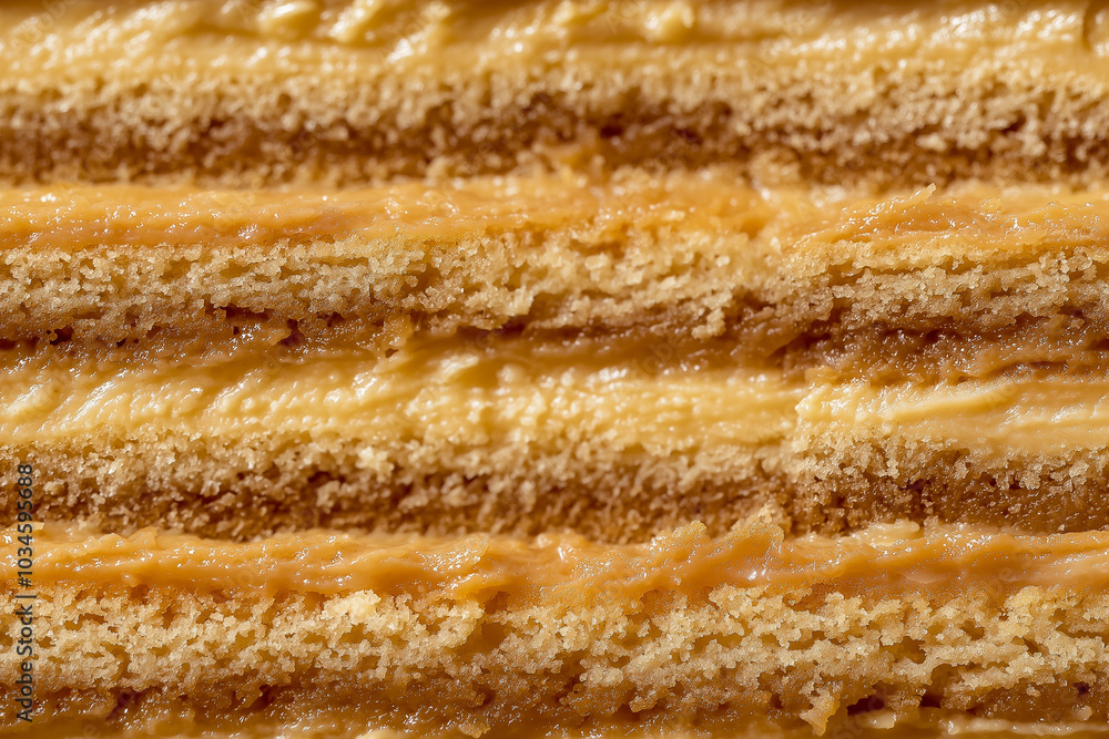 an extreme close-up, parallel horizontal front view, surface of a sliced caramel sandwich cake, filling the entire frame with its intricate layers an extreme close-up, parallel horizontal front view, surface of a sliced caramel sandwich cake, filling the entire frame with its intricate layers
