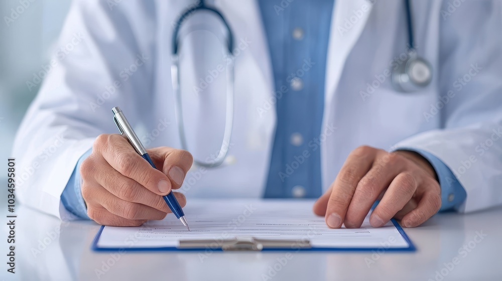 A doctor in a white lab coat writes on a clipboard, symbolizing healthcare, professionalism, and the medical field. A doctor in a white lab coat writes on a clipboard, symbolizing healthcare, professionalism, and the medical field.