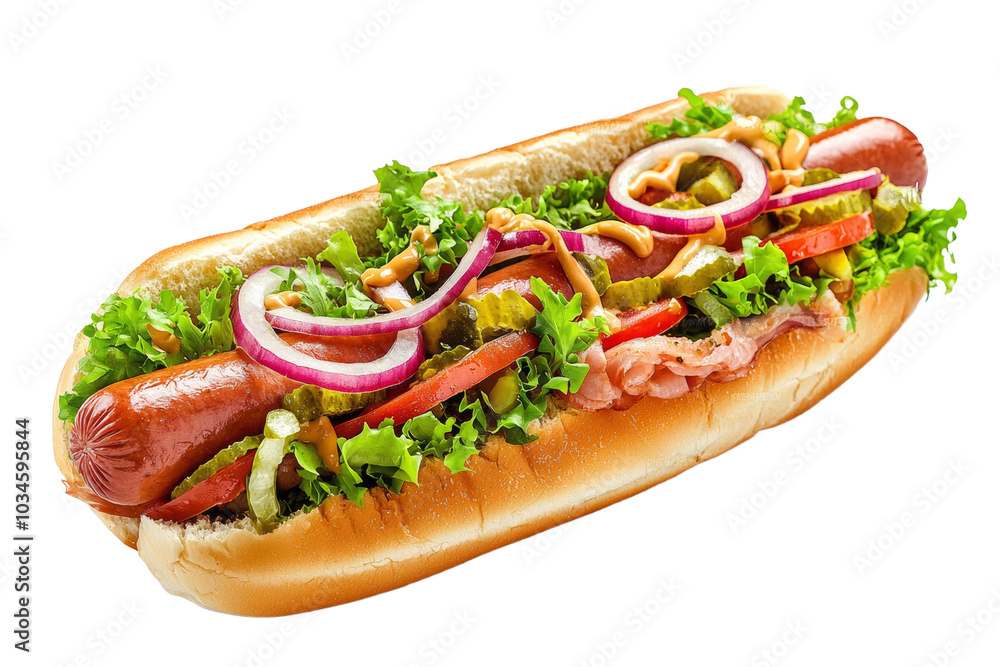 Hot dog in advertising style. Fast food concept. Isolated background, PNG template for the project Hot dog in advertising style. Fast food concept. Isolated background, PNG template for the project