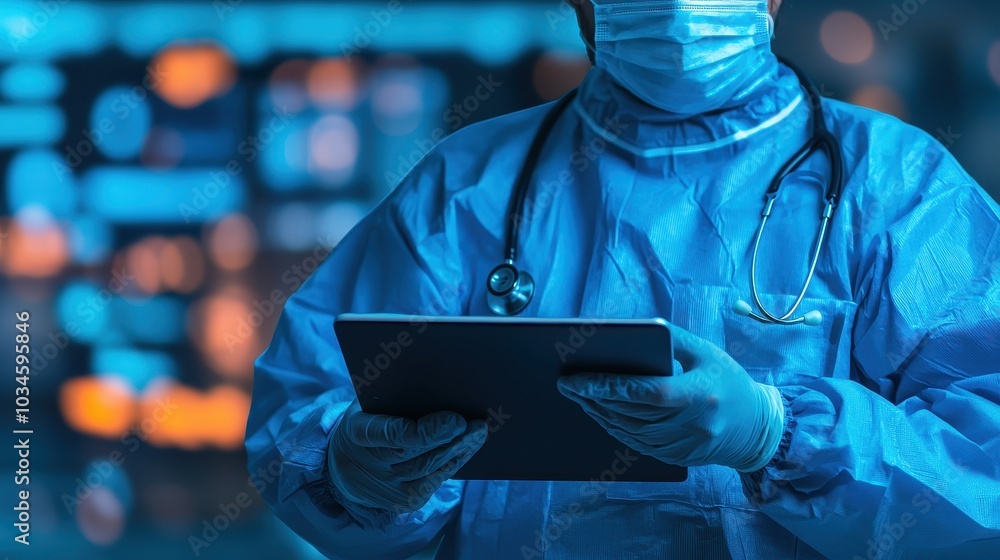 A healthcare professional in protective gear uses a tablet against a backdrop of digital screens, symbolizing modern medical technology and patient care. A healthcare professional in protective gear uses a tablet against a backdrop of digital screens, symbolizing modern medical technology and patient care.