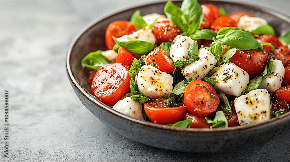Fresh Caprese salad with vibrant red tomatoes, creamy mozzarella, and lush green basil on a white plate, leaving a blank space on the side for text or design elements Fresh Caprese salad with vibrant red tomatoes, creamy mozzarella, and lush green basil on a white plate, leaving a blank space on the side for text or design elements